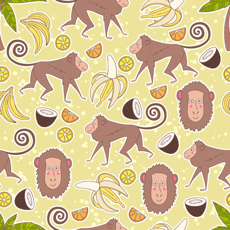 Hand-drawn seamless pattern background with monkey, palms and fruits such as banana, coconut, lemon and orange. Vector illustrationのイラスト素材
