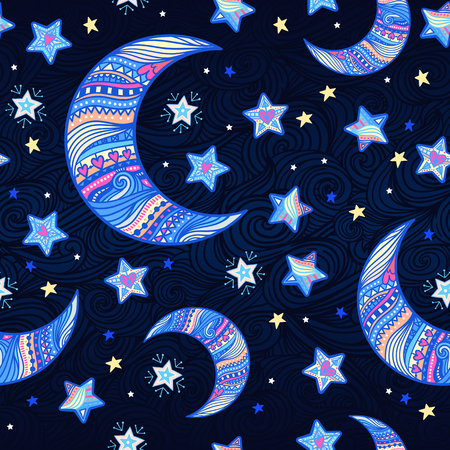 Doodle seamless night pattern background with stars and crescent moon in hand-drawn zentangle styleのイラスト素材