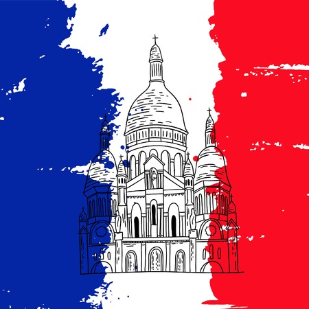 Vector french architecture landmark illustration. Paris basilica on the painted France flag background.のイラスト素材