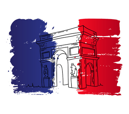 Vector french architecture landmark illustration. Arc de Triomphe in Paris on the painted France flag background.のイラスト素材