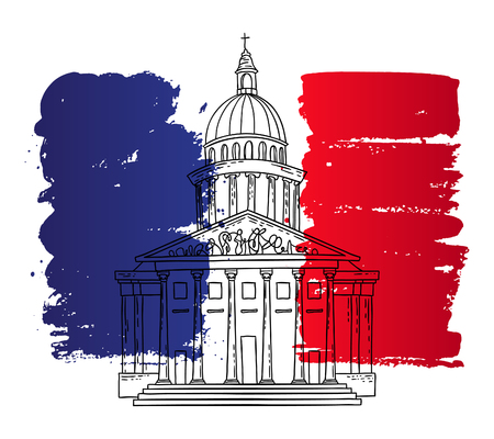 Vector french architecture landmark illustration. Pantheon in Paris on the painted France flag background.のイラスト素材