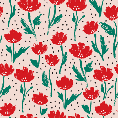 Watercolor summer poppy flower pattern. Vector nature seamless background.のイラスト素材