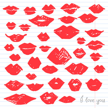 Hand-drawn red watercolor lips art collection. Painted vector romantic love illustration set.のイラスト素材