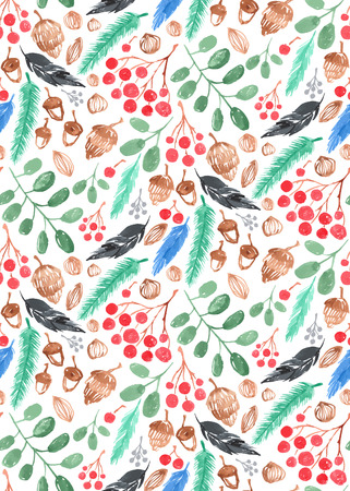 Seamless summer nature vector pattern background with leaves, evergreen branches, acorn, cones and birds.の写真素材