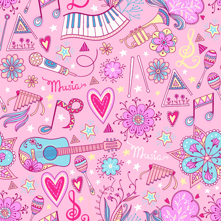 Hand-drawn music instruments and ornamental floral elements in 60s style. Vector seamless pattern design.のイラスト素材