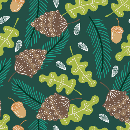 Seamless summer nature vector pattern background with leaves, evergreen branches, acorn and cones.のイラスト素材