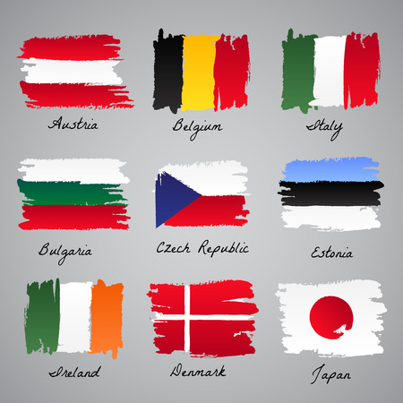 Set of painted vector flag of different eroupean and asian countries. Vector sketch illustration collection.のイラスト素材