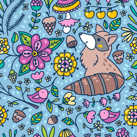 Seamless forest pattern background with raccoon and flowers. Spring florals and leaves texture.のイラスト素材