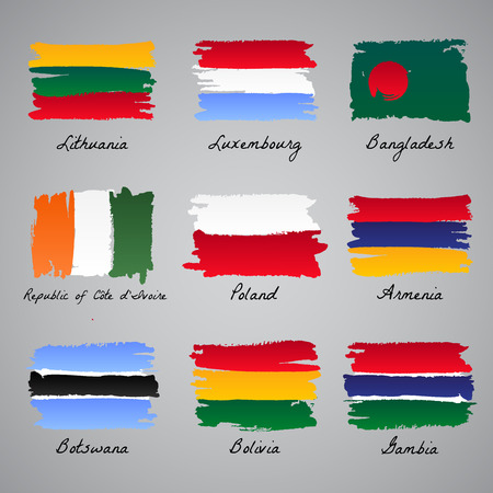 Set of painted vector flag of different eroupean and asian countries. Vector sketch illustration collection.のイラスト素材