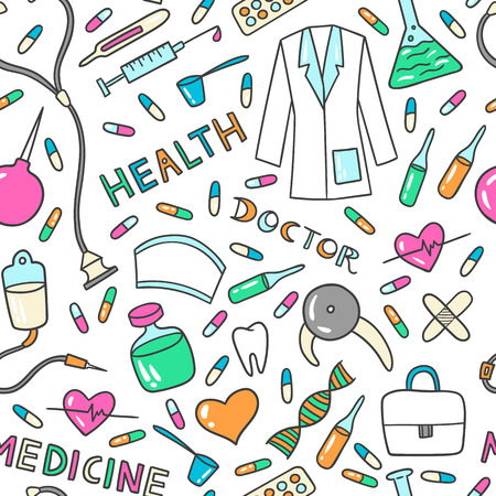 Health care and medicine seamless pattern. Vector illustration of medical supplies and pharmacy icons.のイラスト素材