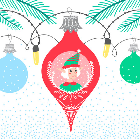 Christmas winter border card background with colorful bubbles featuring new year character elf helperのイラスト素材