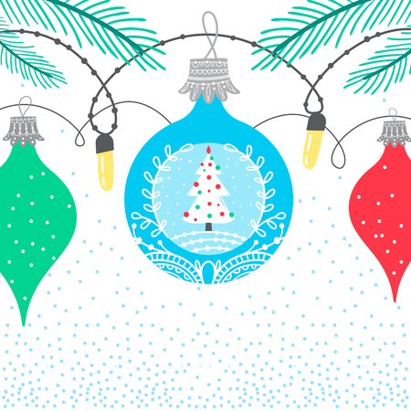 Christmas winter border card background with colorful bubbles featuring new year x-mas tree.のイラスト素材