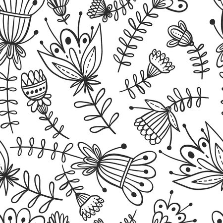 Seamless floral pattern background. Zentangle flower nature illustration.Black and white doodle repeats for fabrics and packaging.のイラスト素材