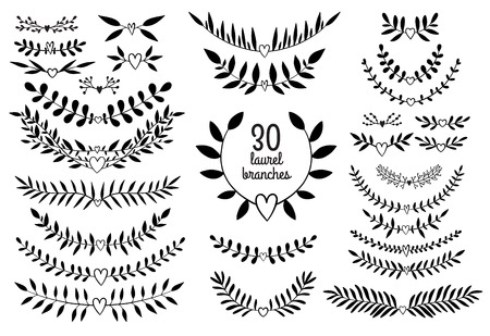 Vintage vector decorative nature brances for laurels and frames. Black and white floral elements for wedding invitations and greeting cards.のイラスト素材