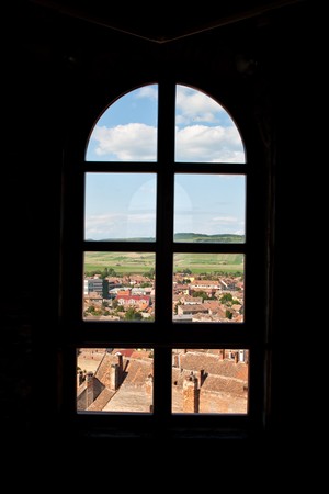 Summer in Sibiu city viewed through closed windowの写真素材