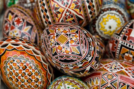Different handmade painted easter eggs from Romaniaの写真素材