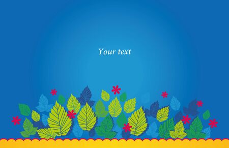 Spring border of green leaves and red flowers on a beautiful blue backgroundのイラスト素材