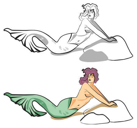 sexy beautiful mermaid with flowing hair is leaning on a stoneのイラスト素材