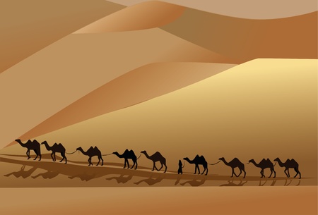 camel caravan going through the desert with a manのイラスト素材