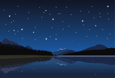 mountain lake at night under the starsのイラスト素材