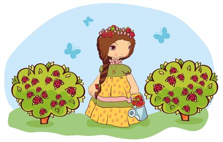 the girl in the garden gathering roses from the bushesのイラスト素材