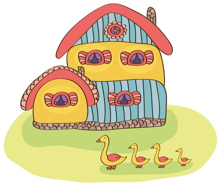 beautiful house in the village in front of which the geese are walkingのイラスト素材