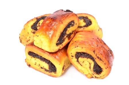 buns with poppy seeds: small spiral on a white backgroundの写真素材