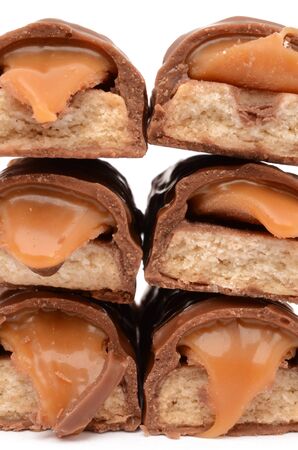 Chocolate with caramel on a white backgroundの写真素材