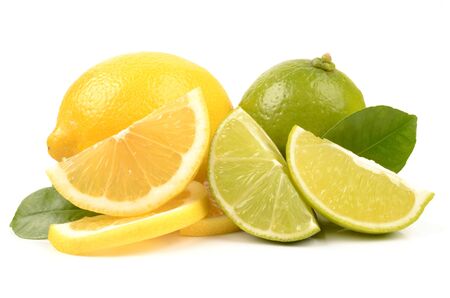 Juicy lime and lemon isolated on a white backgroundの写真素材