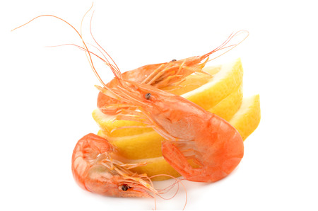 shrimp with lemon isolated on white backgroundの写真素材