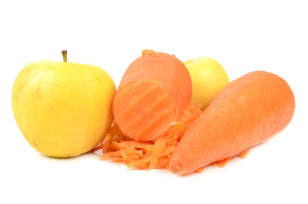 insulated fresh carrot and apple juice on white backgroundの写真素材