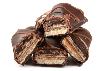 chocolate bars covered wafer on white backgroundの写真素材