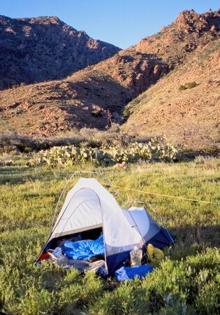 Backpacker's camp in the Mazatzal Mountains Wilderness, Arizonaの写真素材