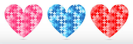 Jigsaw puzzle heart shape 3 colors on white gradient background design for icon, logotype, Jigsaw on Valentine Day, Love, medical, relationship symbol. vector illustration flat designのイラスト素材