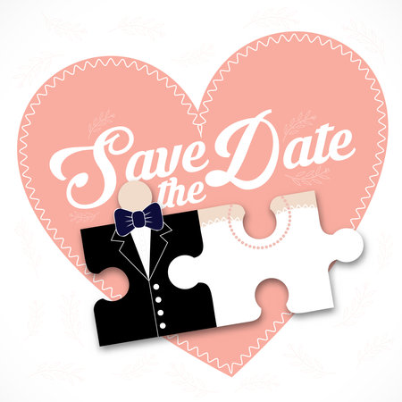 Wedding card invitation jigsaw couple with words save the date on heart pastel color and leaf decoration design for wedding card,icon.Flat style vector illustration isolated on white background.のイラスト素材