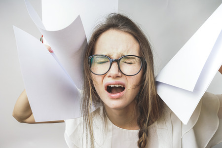 insecure furious woman with problems,officeの写真素材