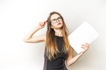 Sad upset young office woman,business, cute black dressの写真素材