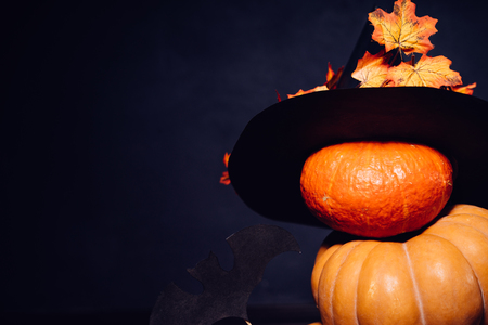 autumn holiday, a large pumpkin, golden leaves on a black witch hat. Halloween, a mesmerizing pictureの写真素材