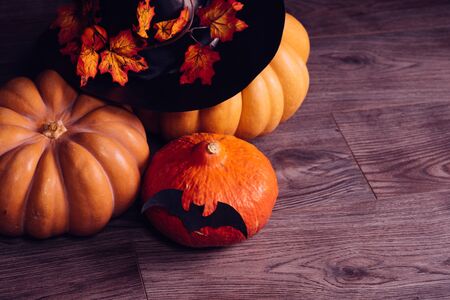 big pumpkin for halloween, black witch hat decorated with autumn golden leaves on a black backgroundの写真素材