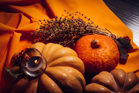 composition for decorating the house for halloween, lie yellow and orange pumpkins, burning scented candles, orange clothの写真素材