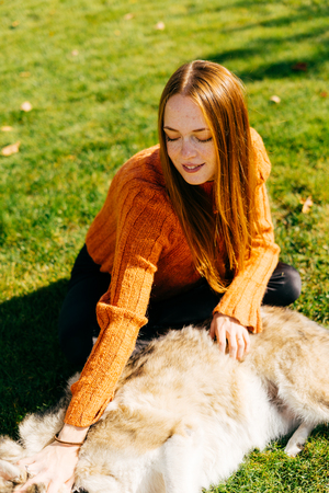 young beautiful red-haired girl walking with her big gray dog in the parkの写真素材