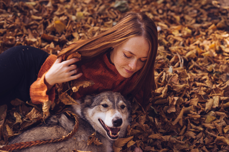 the girl lies in the autumn foliage with her dogの写真素材