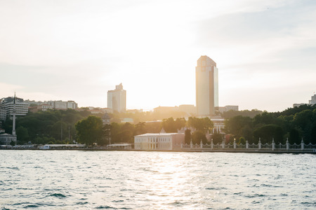 View of the Asiatic part of Istanbul at sunset, the mosque. The view from the ferryの写真素材