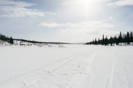 in the far north, in Siberia, winter came, around the white snow and large snowdriftsの写真素材