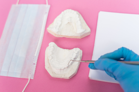 on a pink background is a white protective mask, plaster casts of teeth, a dentist doctor holds a dental instrument and worksの写真素材