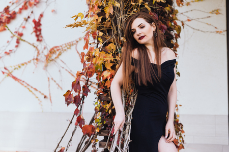 rich luxury girl in a black dress posing against the wall, beautiful life, expensive jewelryの写真素材