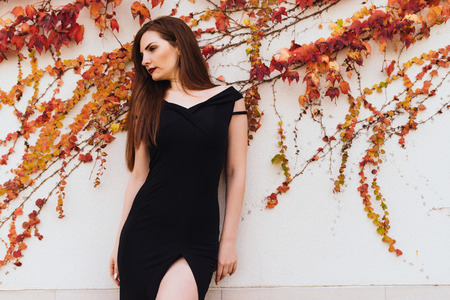 sexy luxurious rich woman in a black dress posing near an unusual wall, enjoying a rich lifeの写真素材