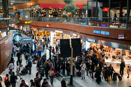 Crowds of people hurry at the airport, blurred background, Sabiha Gokcen Airportの写真素材