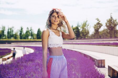 student on the background of lavender in the parkの写真素材