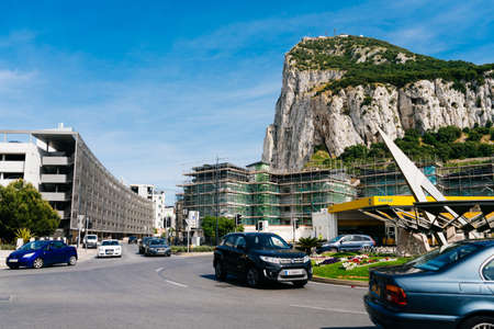 GIBRALTAR - May 13, 2018: rock gibaltar bottom view from the ground and the entrance roadのeditorial素材